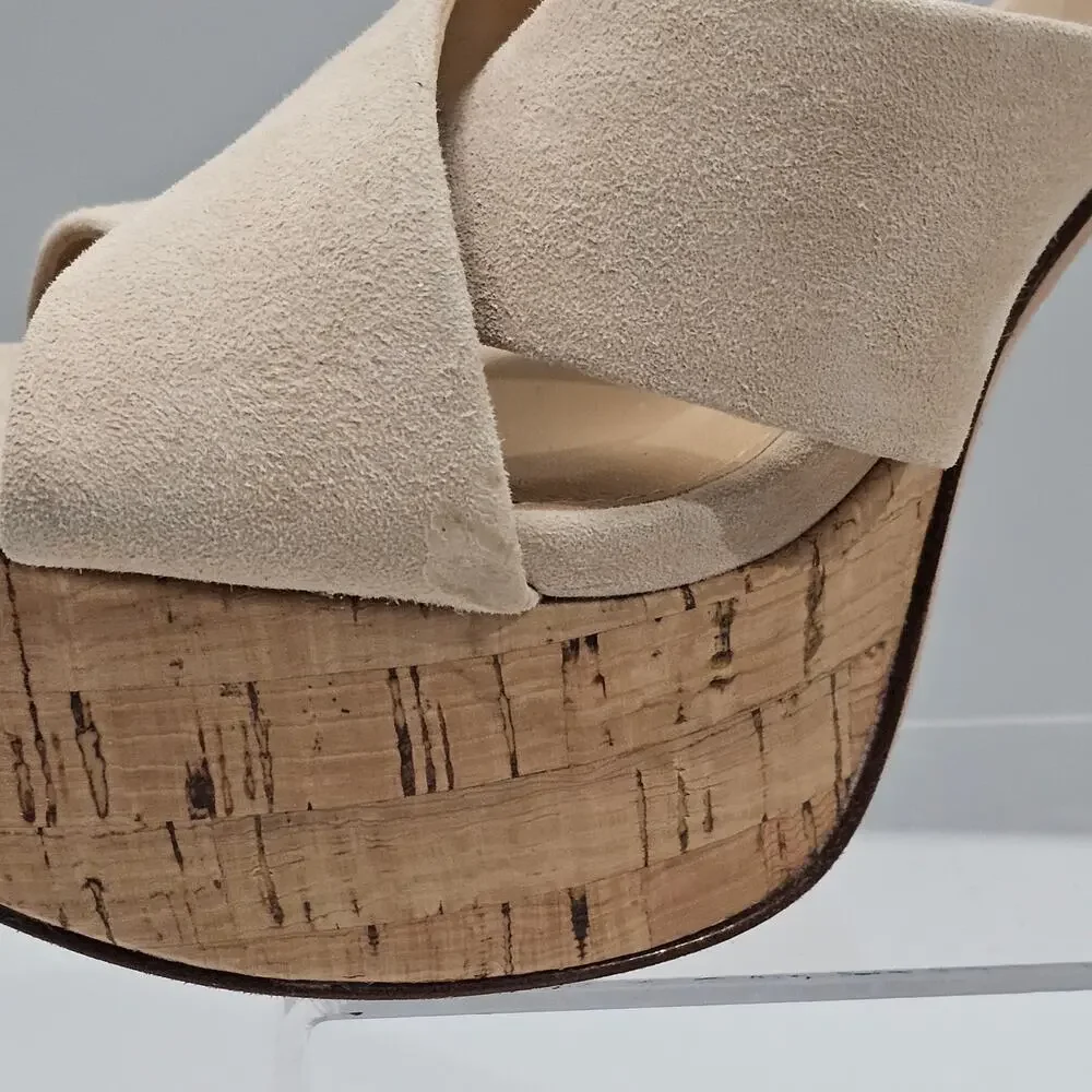 Veronica Beard Lucille Platform Sandal Womens 10 Ecru Suede Cork Block Heel